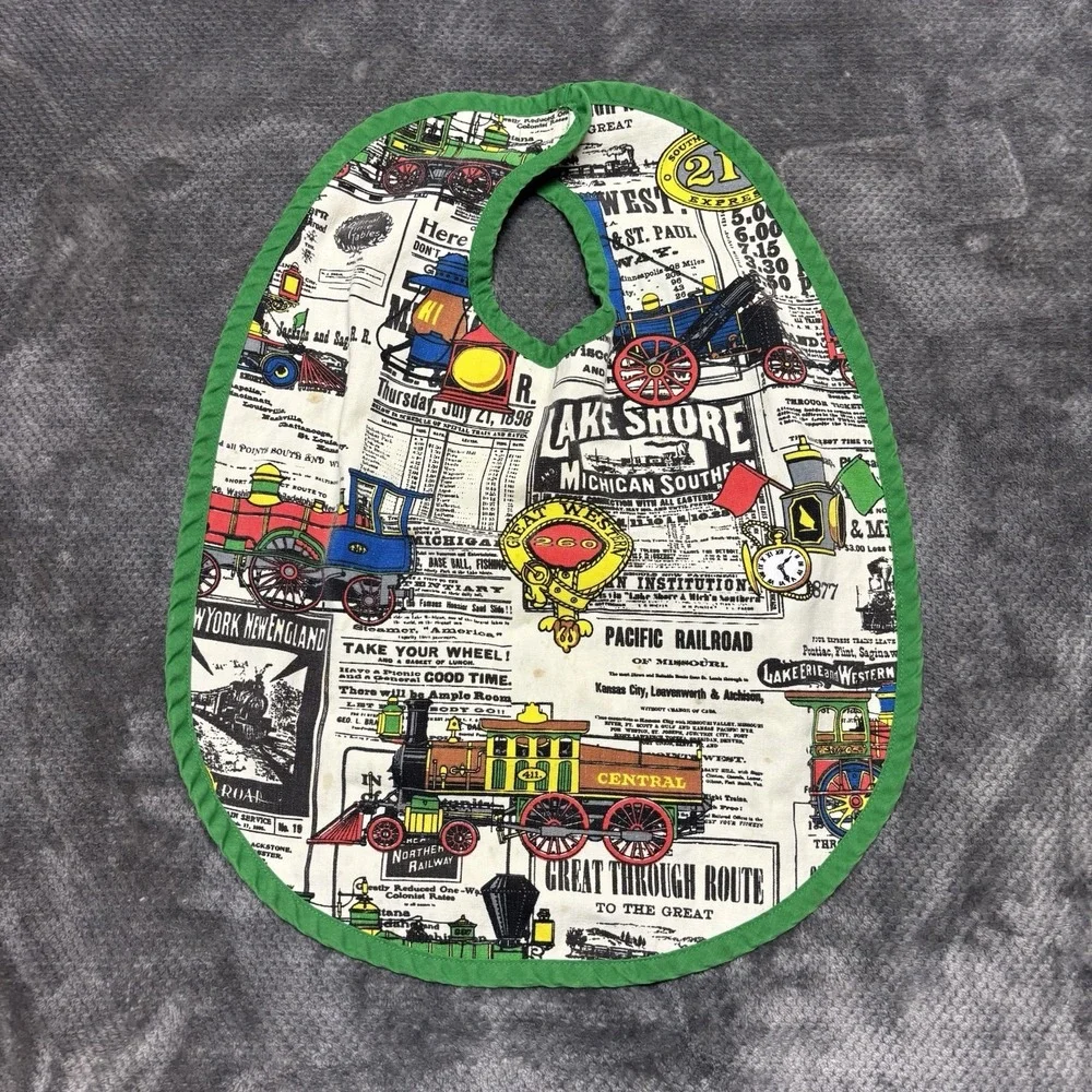 Vintage Handmade Train Railroad Print Infant Toddler Bib